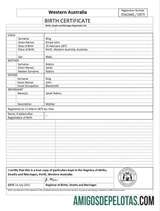 Realista modelo de certidão de nascimento da Austrália Ocidental em formato Word, versão 2